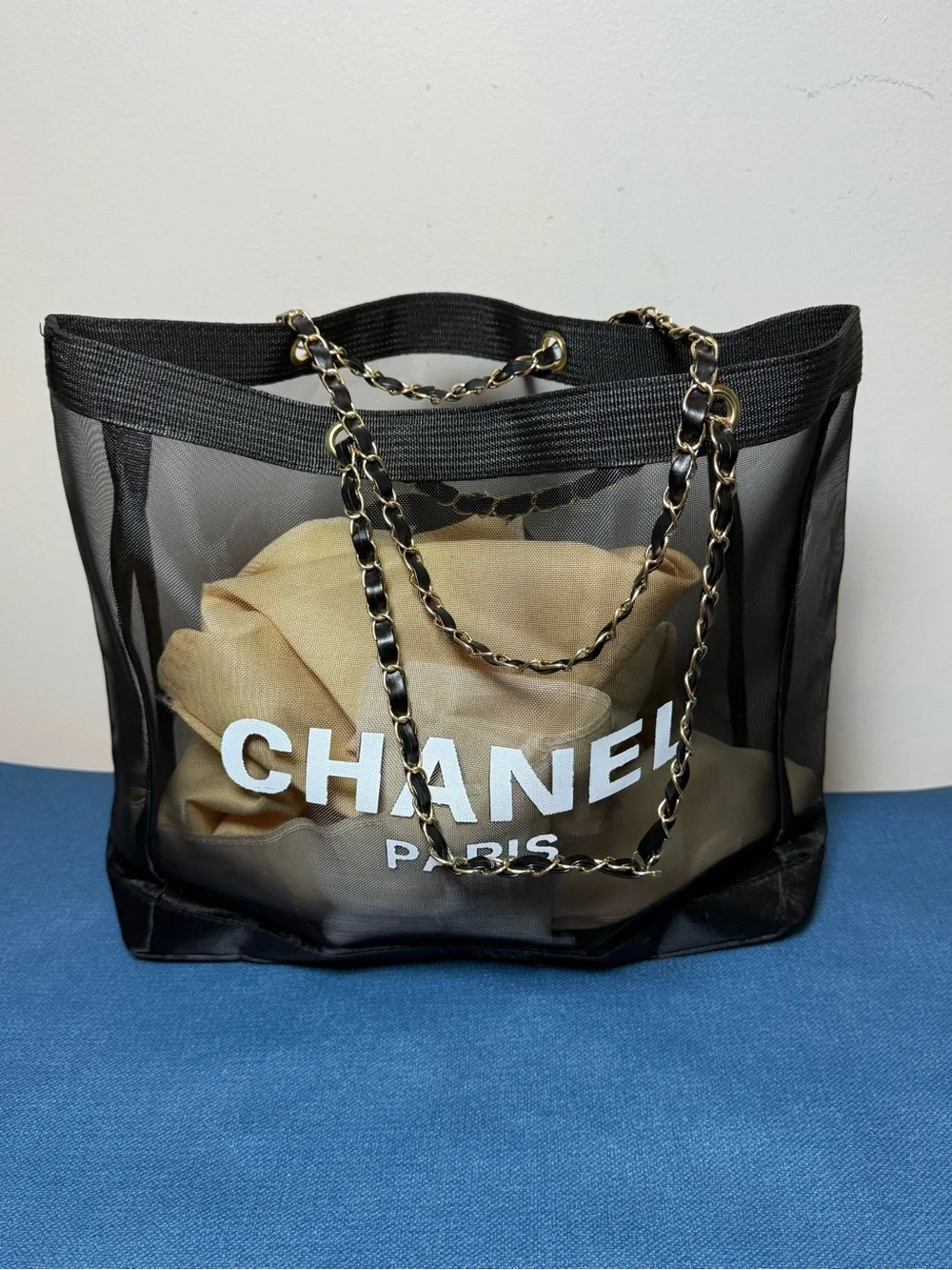 designer fashion black and white C Mesh Shopper shoulder Tote bag new